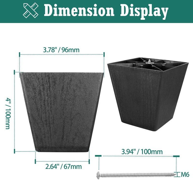 Masendelk 4 inch Black Plastic Furniture Legs, Screw-in Couch Legs Square Sofa Legs Replacement Legs for Furniture Couch Table Sofa, Pack of 4 - Image 3